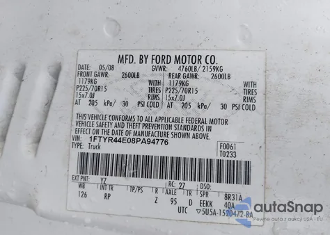 2008 Ford Ranger Sport/Xlt from USA, damaged, VIN 1FTYR44E08PA94776